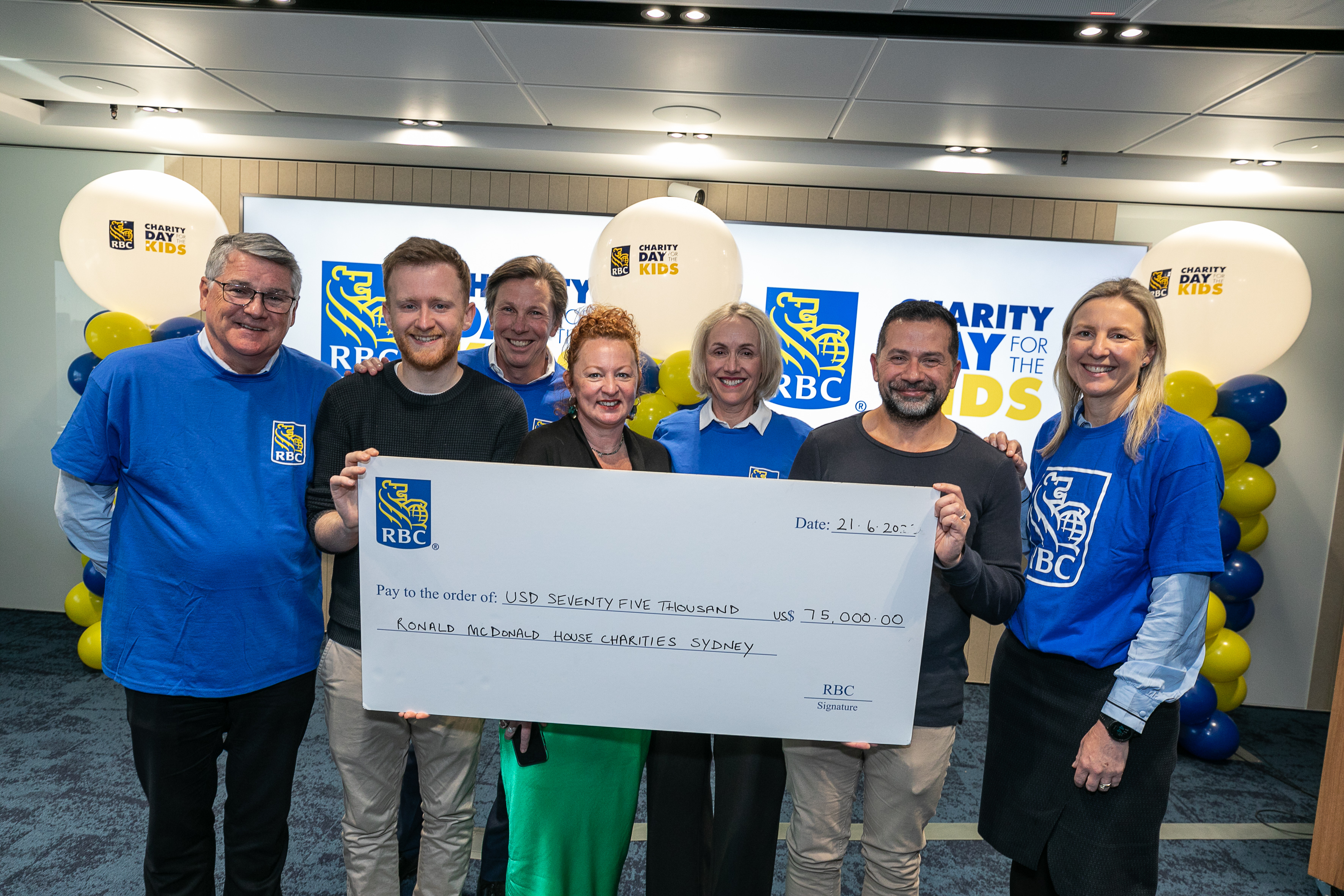 Collage Image Group photo of RBC employees indoors with charity representatives