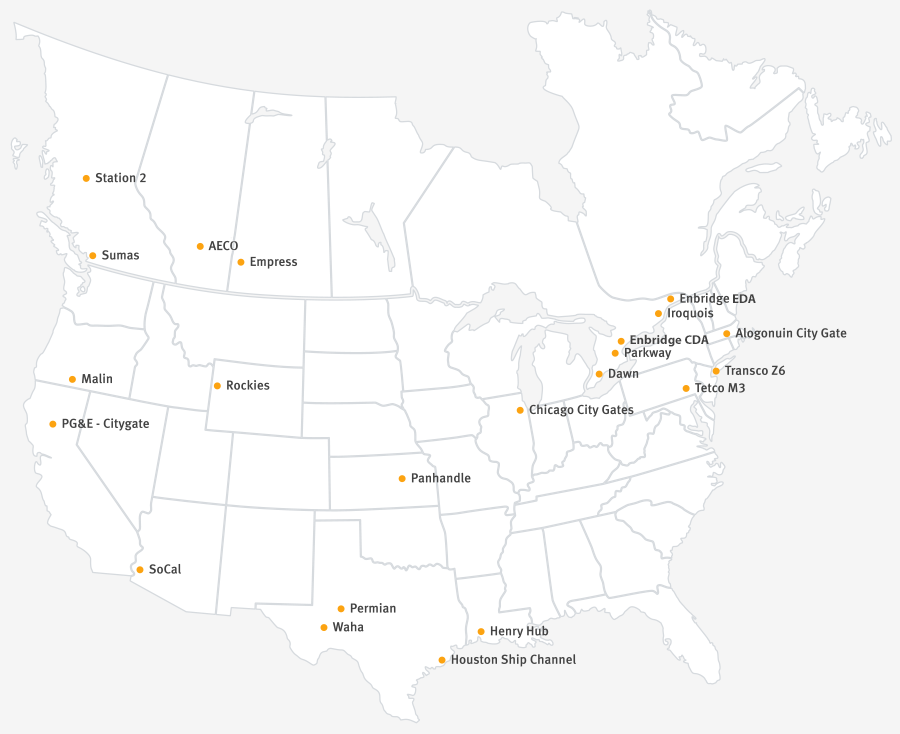 Map of the United States where the majority of natural gas dealings occur