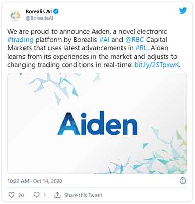 Image of Twitter Post about BorealisAI article on Aiden