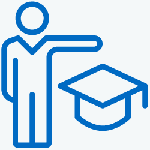 Image of person with arm out over a graduation cap icon