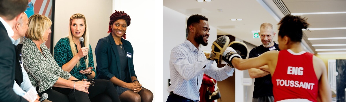 Photo of SportsAid representatives speaking publicly to supporters and photo of SportsAid athlete boxing as a presentation for guests