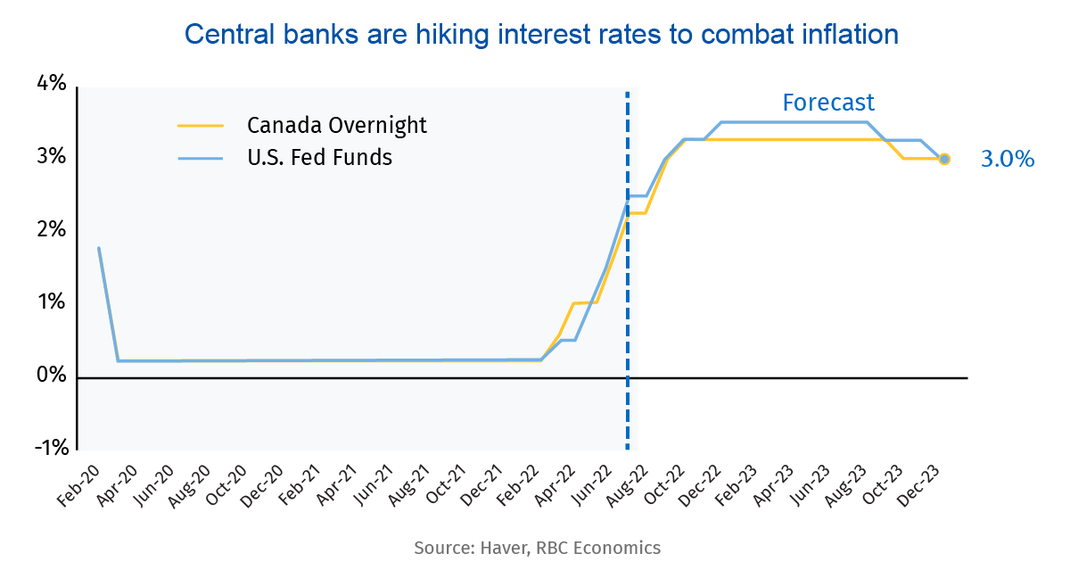 Image of chart showing central banks hiking interest rates to combat inflation, Source: Haver, RBC Economics