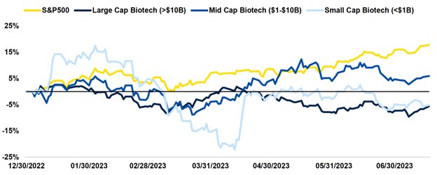 S&P500, Large Cap Biotech (>$10B), Mid Cap Biotech ($1-$10B), Small Cap Biotech (<$1B) with percentages and dates graph