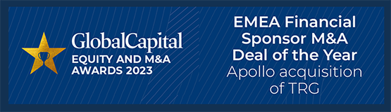 GlobalCapital Equity and M&A Awards 2023. EMEA Financial Sponsor M&A Deal of the Year. Apollo aquisition of TRG. Royal Bank of Canada image with a gold star with an award in it and royal blue background.