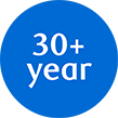30+ year white text within blue circle icon