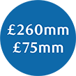 260mm-75mm white text within blue circle icon