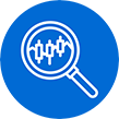 Magnifying glass white text within blue circle icon