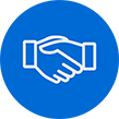 White Handshake graphic within blue circle icon