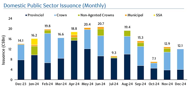 Domestec Public Sector Issuance (Monthly) by Issuance (C$Bn) vs Month. Source: RBC Capital Markets as at December 29, 2023