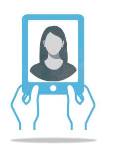 person holding a tablet with an image of a woman